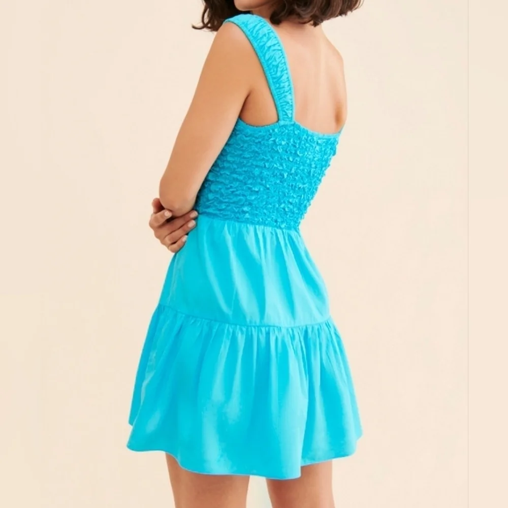 SAYLOR Mariah Smocked Textured Mini Tank Dress, Flounced Hem, Blue